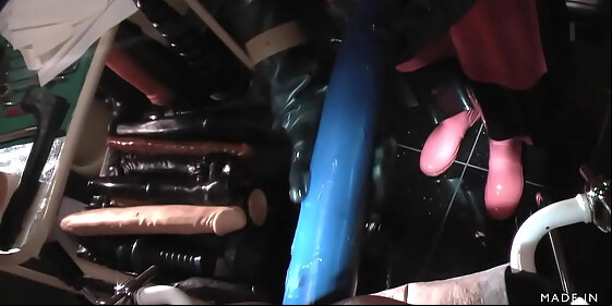 rubbernurse agnes long black latex nurse dress clinic red apron and mask part 2 pegging with two long dildos final analfisting and cumshot